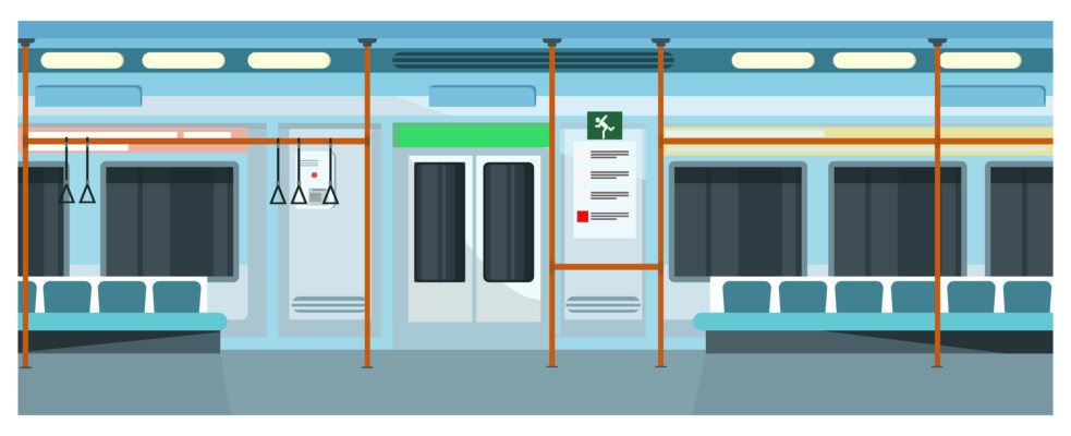 Modern comfortable subway train vector illustration. Blue exterior of underground train with bars and seats. Metro concept